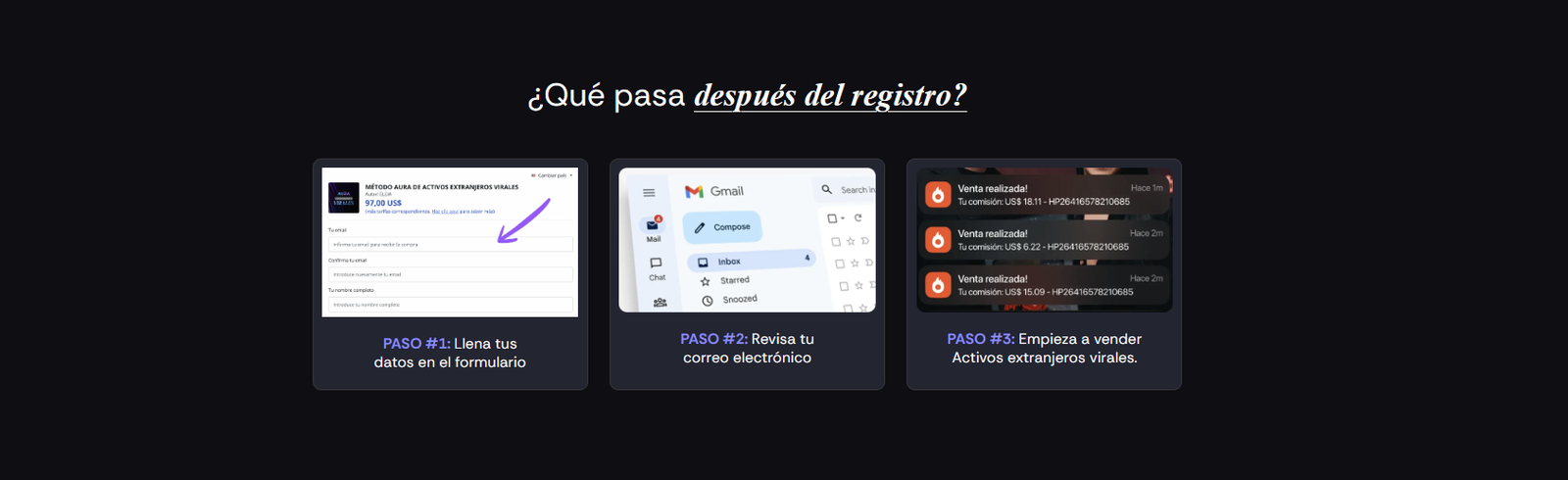 ¿Qué pasa después del registro? Paso 1: llena tus datos, Paso 2: revisa tu correo, Paso 3: empieza a vender