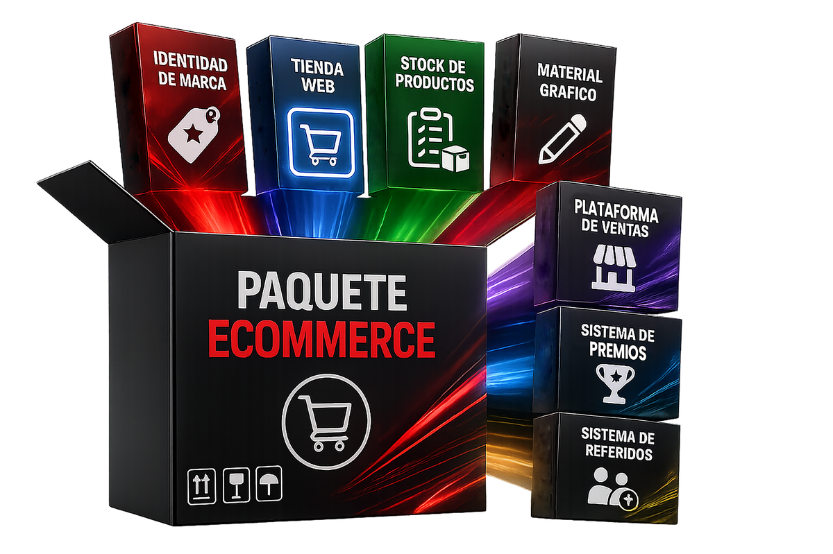 Paquete Ecommerce Oro Colombia: identidad de marca, tienda web, stock de productos, material gráfico, plataforma de ventas, premios y referidos