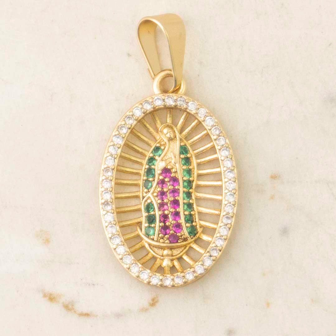 DIJE VIRGEN GUADALUPE LINEAS MARCO CIRCONES COLORES